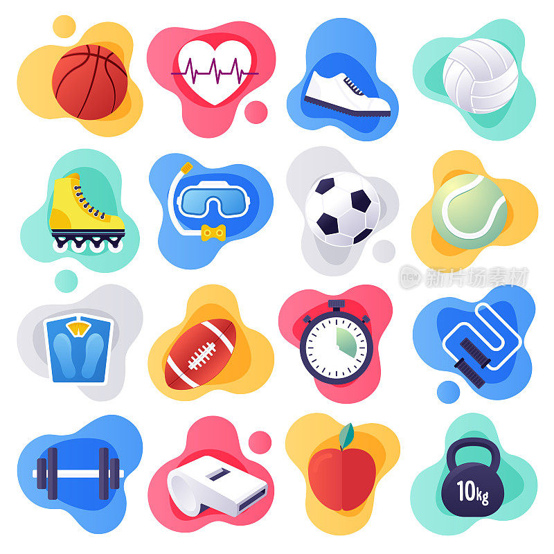 Physical Fitness & Wellness Flat Flow Style Vector Icon Set